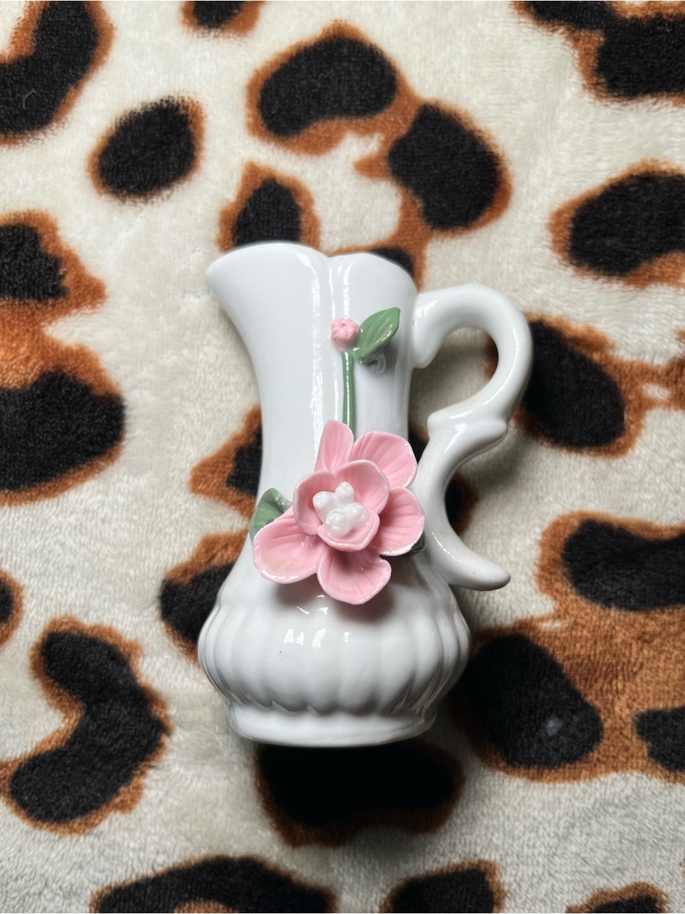 White Ceramic Pitcher with Pink Flower Accent - Home Accents